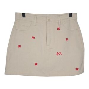 Free People Thinking Mu SOL Chain Embroidered Mini Denim Jean Kimmy Skirt 36